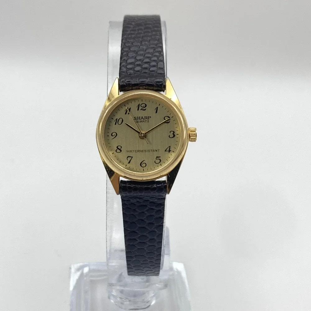Vintage Sharp Women's Watch 21mm Gold Tone Leather Easy Reader New Battery SMALL